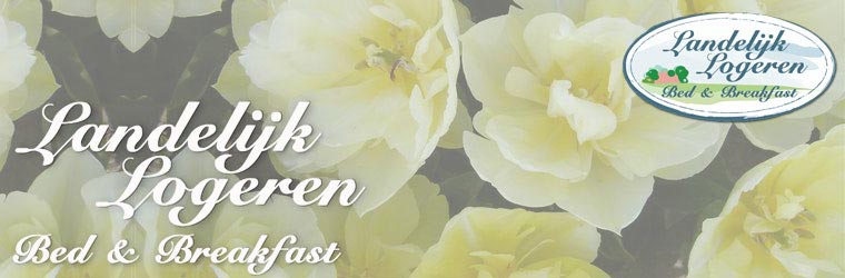 Headerfoto met Logo van Landelijk Logeren en een afbeelding van tulpen dichtbij