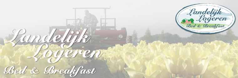 Headerfoto met Logo Landelijk Logeren en een afbeelding van de tulpenoogst