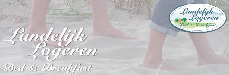 Headerfoto met Logo Landelijk Logeren en een afbeelding van voeten in het strand